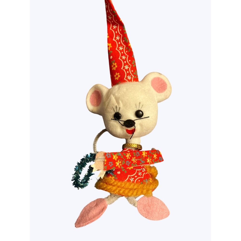Vintage Christmas Mouse Ornament With Red and Yellow Outfit